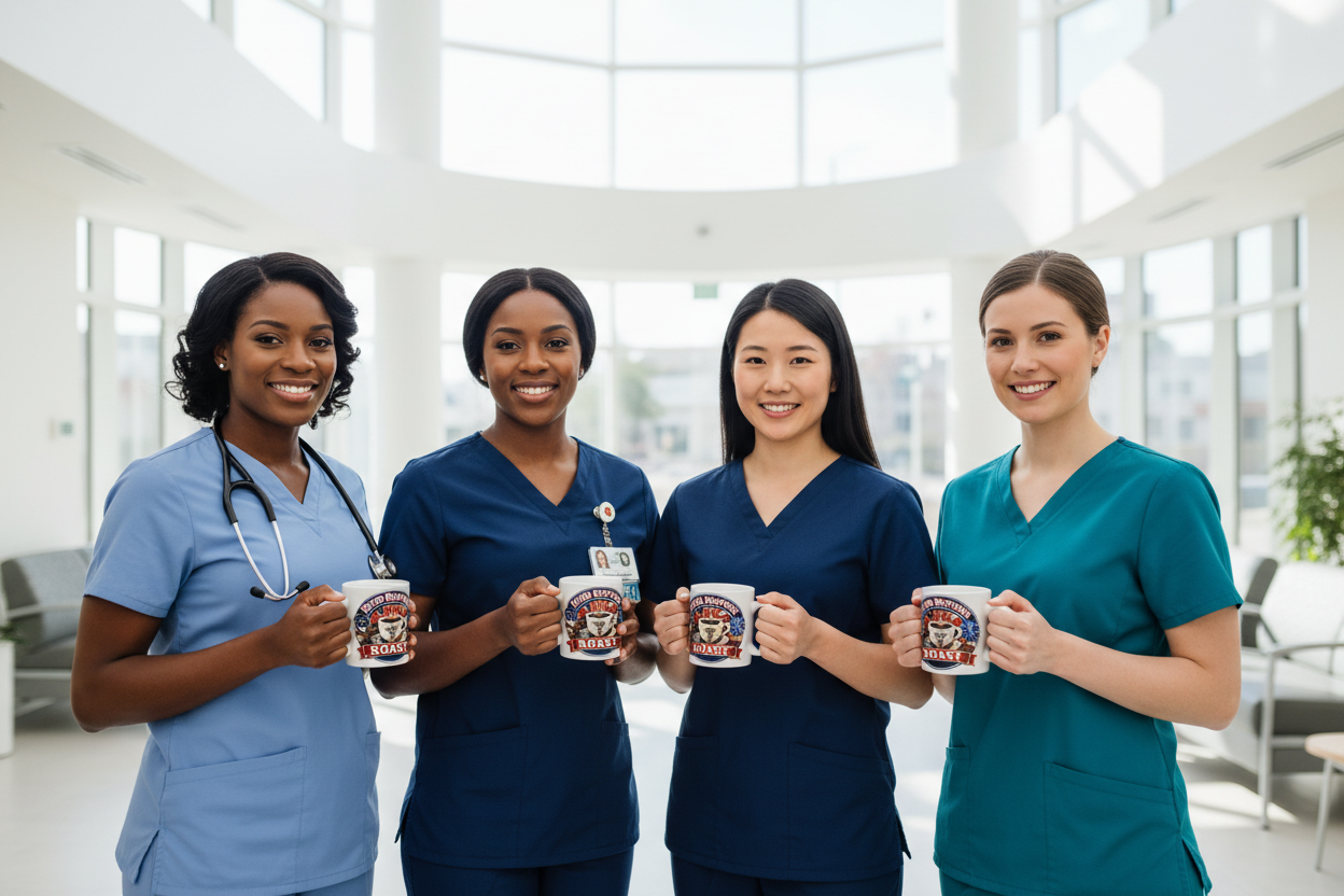 Diverse nurses with Rapid Response Roast logo mugs