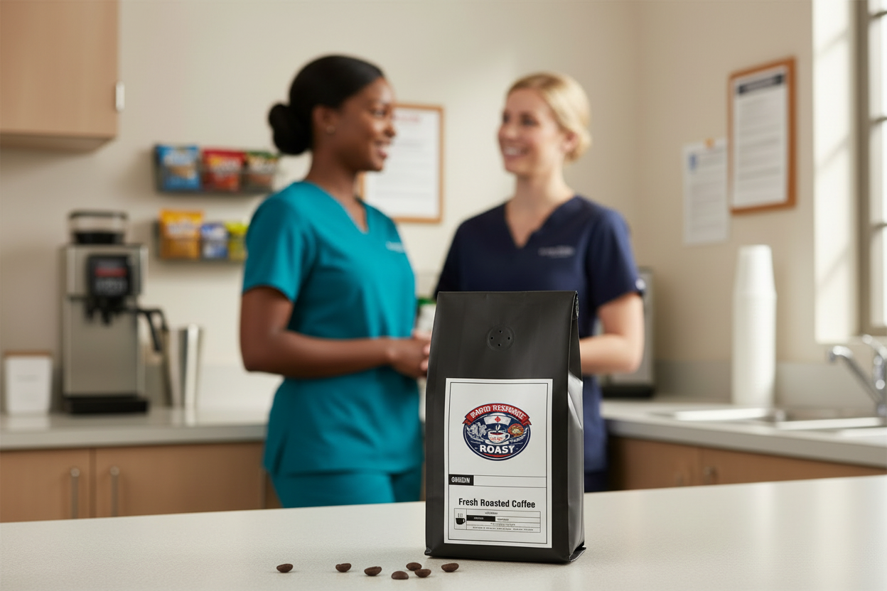 Two nurses with black coffee bag